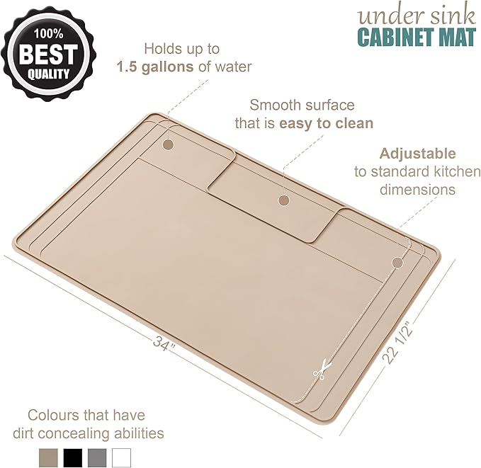 The Original Under Sink Mat - Silicone Waterproof mat, Adjustable, Easy to Clean, Kitchen Cabinet Liner, Disinfection Surface - 34" x 22" or Smaller - Beige
