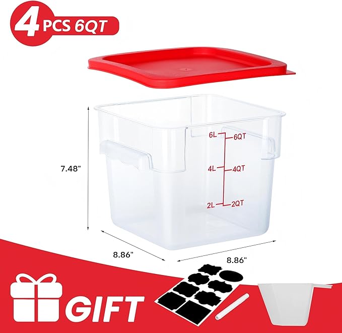 BIEAMA 4 Pack Food Storage Containers, 6 Quart with Lids, Square Commercial Containers with Scale, NSF, Polycarbonate, Clear