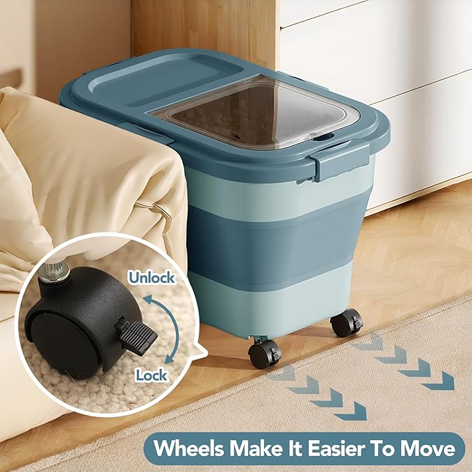 15 Lbs Dog/Cat Food Storage Container,Collapsible Food Storage Containers with Rolling Wheel Airtight Locking Lid,Pet Food Storage Container with Cup and Scoop,Blue