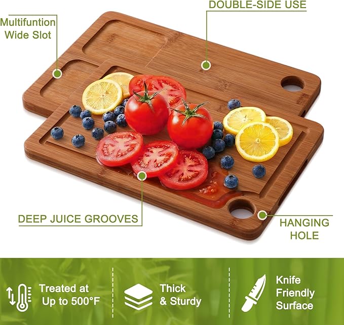 Homaxy Bamboo Cutting Board for Kitchen Set of 3, Wooden Cutting Boards with Non-Slip Mat Deep Juice Groove and Built-In Handles, Wood Chopping Board Set for Meat Fruits & Vegetables