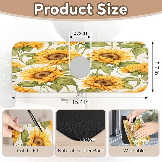 Sunflower Field Kitchen Faucet Mat Splash Guard, 15.4”x5.7” Absorbent Quick Drying Sink Mat for Countertop Protection, Draining Mat Sink Protectors For Kitchen Bathroom, 2 Pack