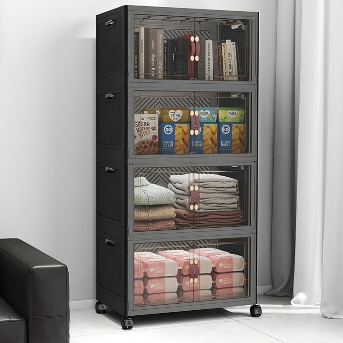 Extra Large Stackable Storage Bins with Lids & Wheels, 220QT-55QT/14GAL*4Pack Foldable Collapsible Closet Organizers Dark Storage Cabinet with Doors for Bedroom Dorm