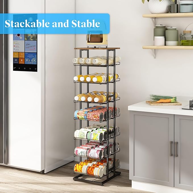GILLAS 3 5 6 7 8 Tier Water Bottle Storage with Wooden Tabletop,Metal Beverage Can Rack,Large Capacity Bottled Rack Water Bottle Holder Stand for Cabinet,Countertop Kitchen,Party,Black