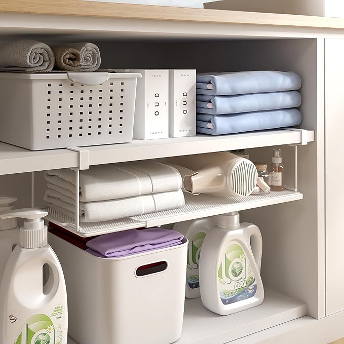 Expandable Under Cabinet Shelf, Extendable Under Shelf Storage with 1.25 Inches Thick Clips for Shoe Rack, Pantry Cabinet, Laundry Room. (White, 2 Pack, Interior: 6" H x 8.26" D)