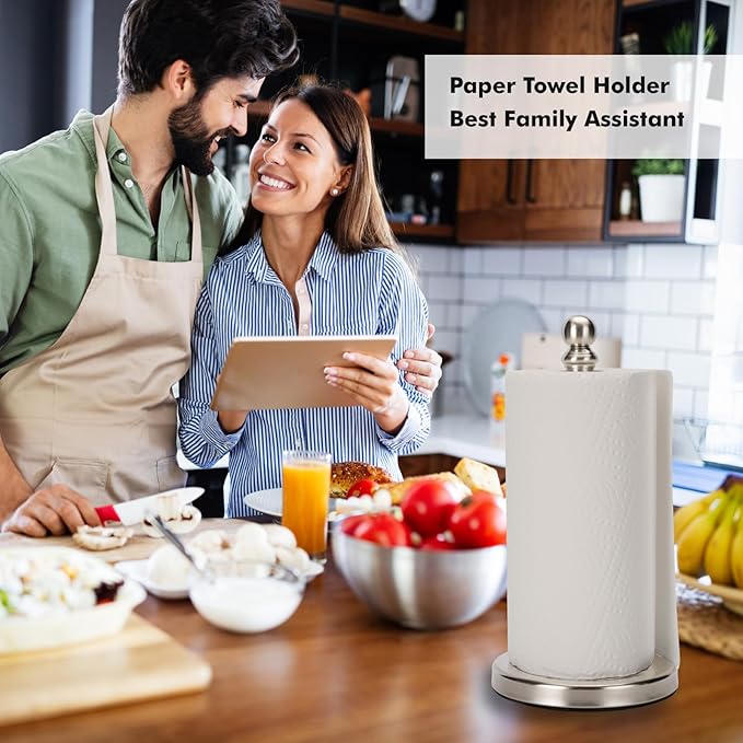 Exilon Paper Towel Holder Countertop with Weighted Base, One-Handed Design No Tipping Over, Stainless Steel Paper Towel Holder Stand in Brushed Nickel Finish