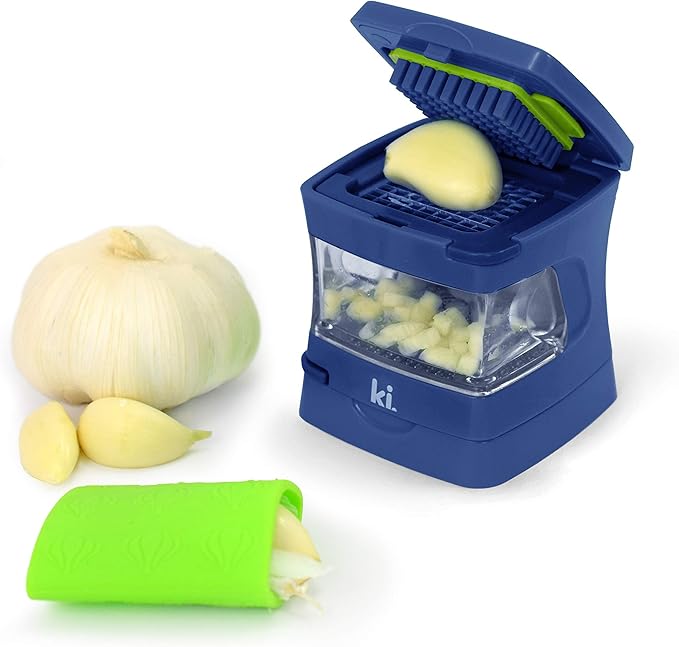 Kitchen Innovations Garlic-A-Peel Garlic Press, Crusher, Cutter, Mincer, and Storage Container - Includes Silicone Garlic Peeler - Easy to Clean - Stainless Steel Blades – (Blue), standard