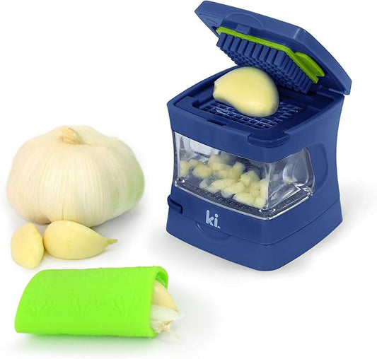 Kitchen Innovations Garlic-A-Peel Garlic Press, Crusher, Cutter, Mincer, and Storage Container - Includes Silicone Garlic Peeler - Easy to Clean - Stainless Steel Blades – (Blue), standard