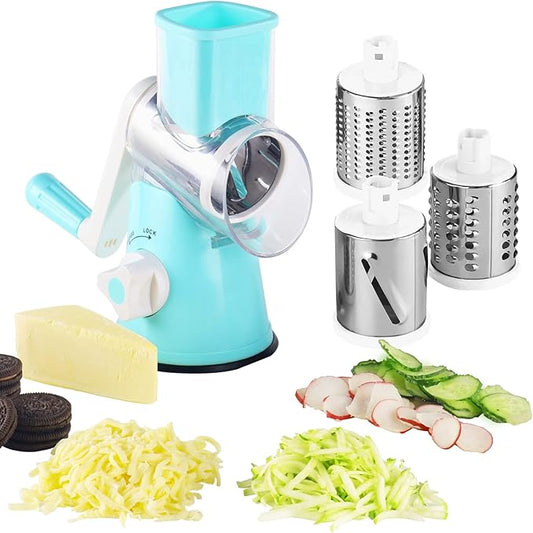 EDEFISY Cheese Grater Hand Crank - 3-in-1 Stainless Steel Rotary Grater & Shredder for Cheese, Vegetables, Nuts, Chocolate - Easy Crank Manual Food Grinder with Drum Slicer (Blue)