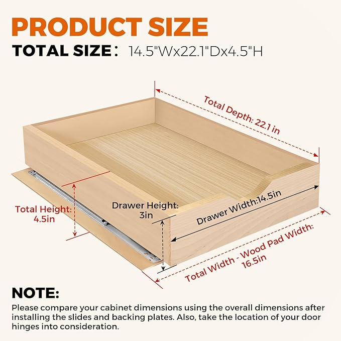 Pull Out Drawers for Cabinet 14.5" W x 22" D x 4.5" H Wood Slide Out Organizer and Storage Kitchen Cabinet Drawers Slide Out Shelves Pull Out Shelves in Kitchen Pantry Bathroom with Soft Close