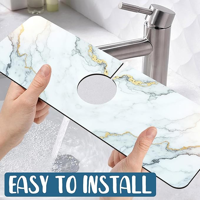 Marble Pattern Kitchen Sink Splash Guard Faucet Mat Gray Gold Marble Super Absorbent Fast Drying Mat Sink Splash Guard Behind Faucet for Kitchen Bathroom, 15.5"x5.5"