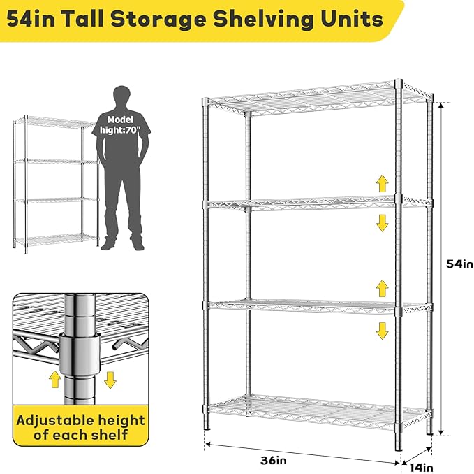 Storage Shelves Heavy Duty, 36" L x 14" W x 54" H Garage Wire Shelving Unit Loads 1400LBS, 4-Tier Adjustable Metal Industrial Utility Shelf Rack for Kitchen, Laundry Room, Pantry, Warehouse, Basement
