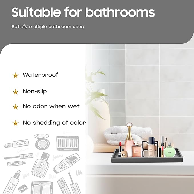 Mriluvy Vanity and Bathroom Tray, 11.8" ABS Countertop Organizer,Waterproof Vanity Tray for Toilet Tank,Perfume,Soap,Keys,Bathroom Accessories,Kitchen and Bath Trays,Non Slip Small Trays,Black,2 Pack