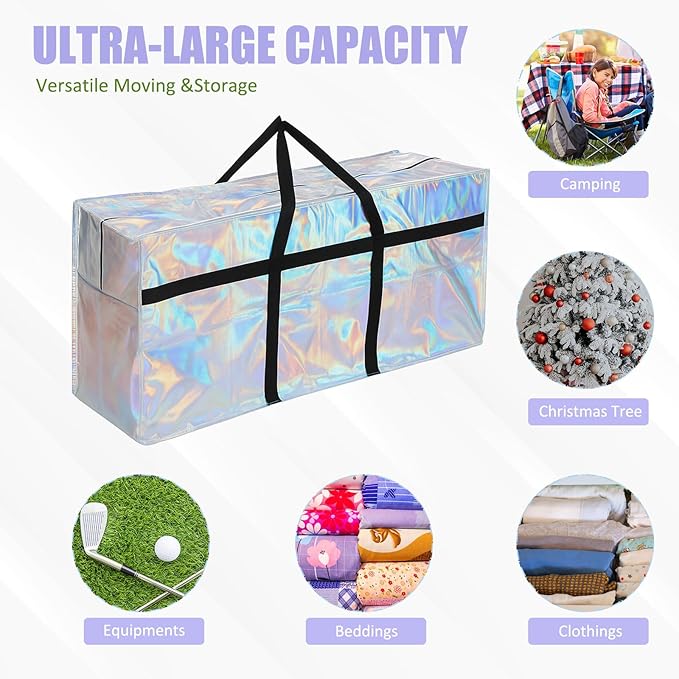 4 Pcs 66 Gallon Extra Large Moving Bags Heavy Duty Storage Bag with Strong Zipper Handle Foldable XXL Jumbo Storage Tote Packing Moving Box for College Dorm Travel Cloth Duffle (Iridescent)
