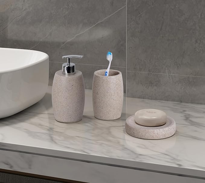 Beige Bathroom Accessories Set 3 PC, Resin Sandstone Look Soap Dispenser, Toothbrush Cup, Soap Dish, Bathroom Soap Dispenser Set for Home Decor and Kitchen