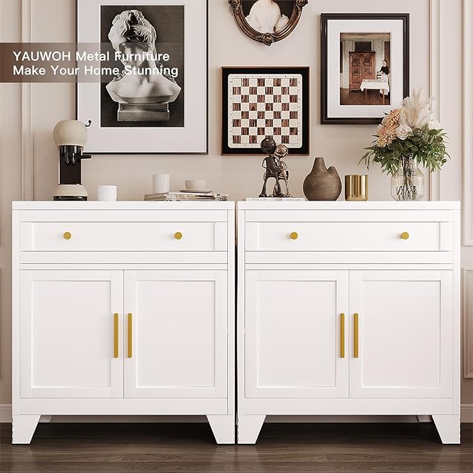 YAUWOH Metal Sideboard Cabinet with Big Drawers,Farmhouse Coffee Bar with One Adjustable Shelves,Buffet Cabinet,Metal Storage Cabient for Kitchen, Dining Room, Entryway, White