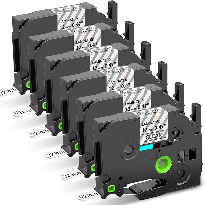 TZe-131 TZe131 Tz Tape 12mm 0.47 Laminated Clear Compatible with Brother P Touch Label Tape 12 mm Black on Clear for P Touch PT-D210 D200 D220 H100 H110 Label Maker Refill, 1/2 inch x 26.2 ft, 6-Pack
