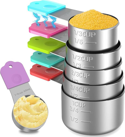 Minteem Magnetic Measuring Cups, 6 Stainless Steel Nesting Measuring Cup Set for Measuring Dry or Liquid Ingredients