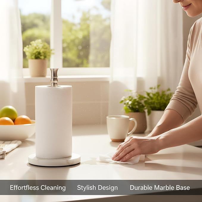 Siwil Paper Towel Holder Stand, One-Handed Ripping Paper Towel Roll Holder Countertop, Heavy Marble Base, NOT Tip Over - (Marble, Brushed Nickel)