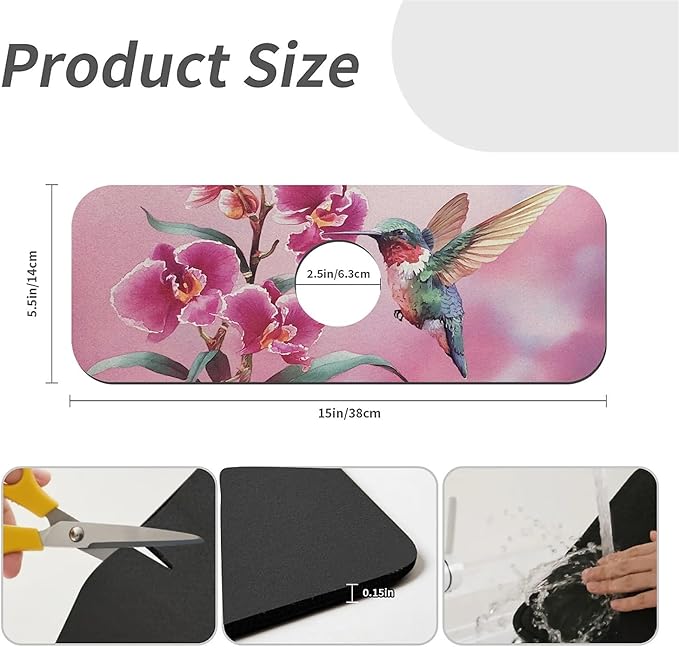 Kitchen Sink Splash Guard，Hummingbird, orchid Faucet Mat Sink Gadgets-Super Absorbent Fast Drying Mat Drip Catcher for Kitchen, Bathroom,Sink Mat, Dish Drying Mat, Bathroom(15" X 5.5" )