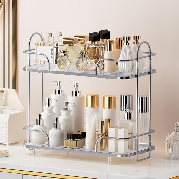 2 Tier Corner Bathroom Counter Organizer, Cosmetic Skincare ，Bathroom Countertop Perfume Tray Vanity, Kitchen Spice Corner Storage Shelf