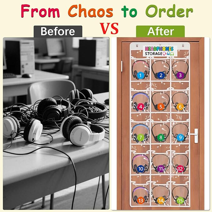 2 Pack Classroom Headphone Storage Organizer with 30 Pockets, PVC Clear Classroom Pocket Chart for Headphone Cell Phone Over-the-Door Hanging Headphone Holder Bag with 62 Labels(White)