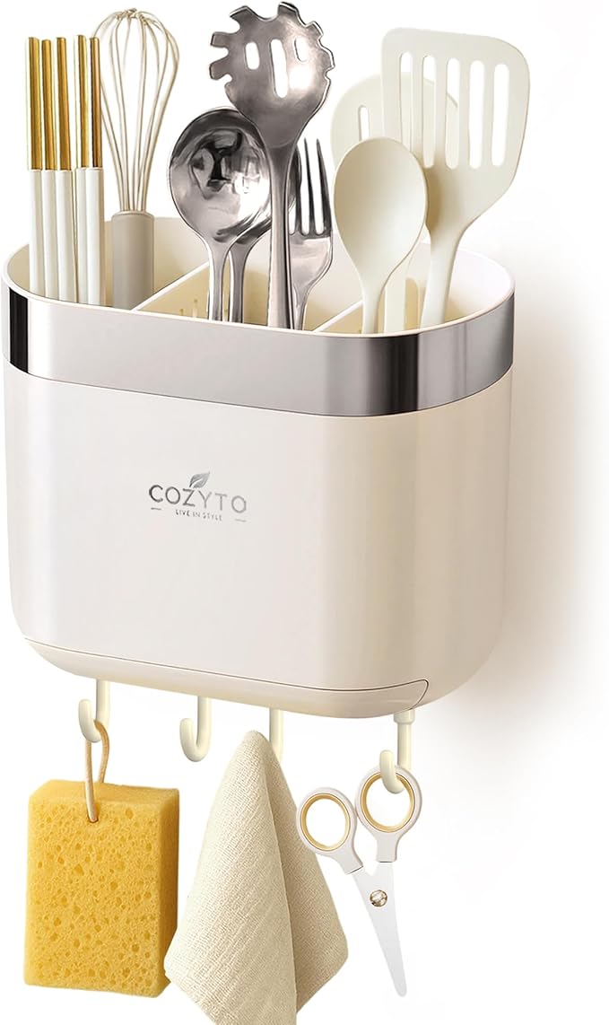 COZYTO LuxTray U1-Pro – Wall Mounted Kitchen Organizer with Hooks, Dividers & Drain Tray, No-Drill Adhesive, BPA-Free – Cream White with Rose Gold or Silver Accent (Cream White & Shiny Silver)