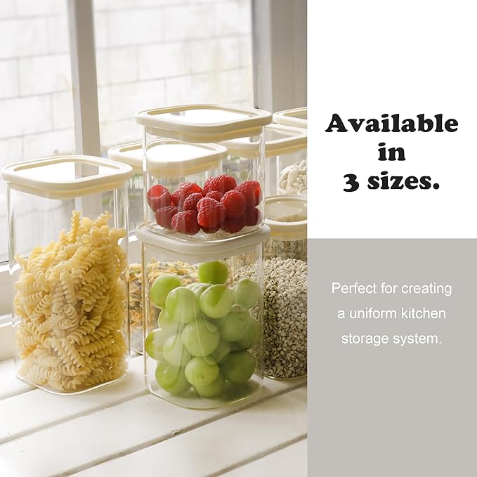 8pcs Square Pantry Glass Jars with Clear Airtight Lids Kitchen Canisters Sets for Flour, Sugar Refrigerator Safe, Available in 2 Sizes: 40oz / 54 oz, Patent Approved