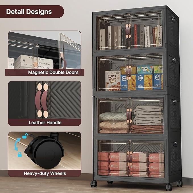 Extra Large Stackable Storage Bins with Lids & Wheels, 440QT-55QT/30GAL*8Pack Foldable Collapsible Closet Organizers Dark Storage Cabinet with Doors for Bedroom Dorm