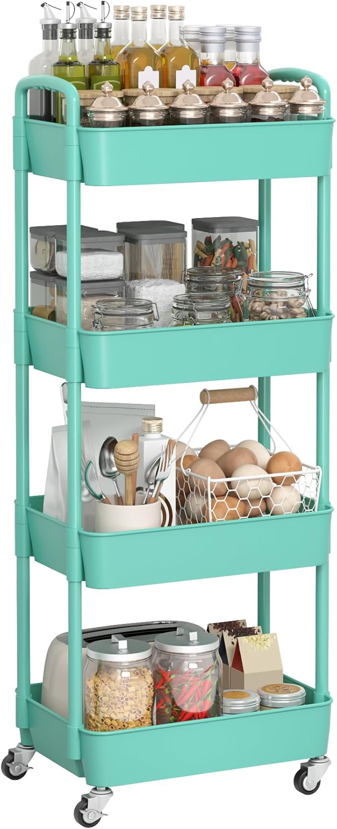 Sywhitta 4-Tier Plastic Rolling Utility Cart with Handle, Multi-Functional Storage Trolley for Office, Living Room, Kitchen, Movable Storage Organizer with Wheels, Green