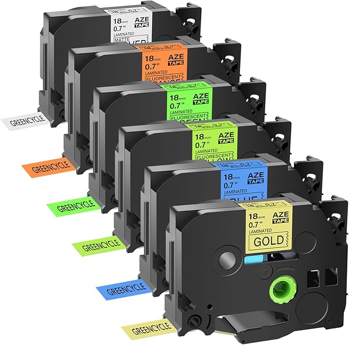 GREENCYCLE Compatible for Brother P-Touch TZ TZe Label Tape 18mm 0.7" 3/4-Inch Black on Fluorescent Orange/Yellow/Green/Matte Silver/Blue/Gold for PT-P710BT PTD400 PTD600 PT-P700 Label Maker-6 Pack