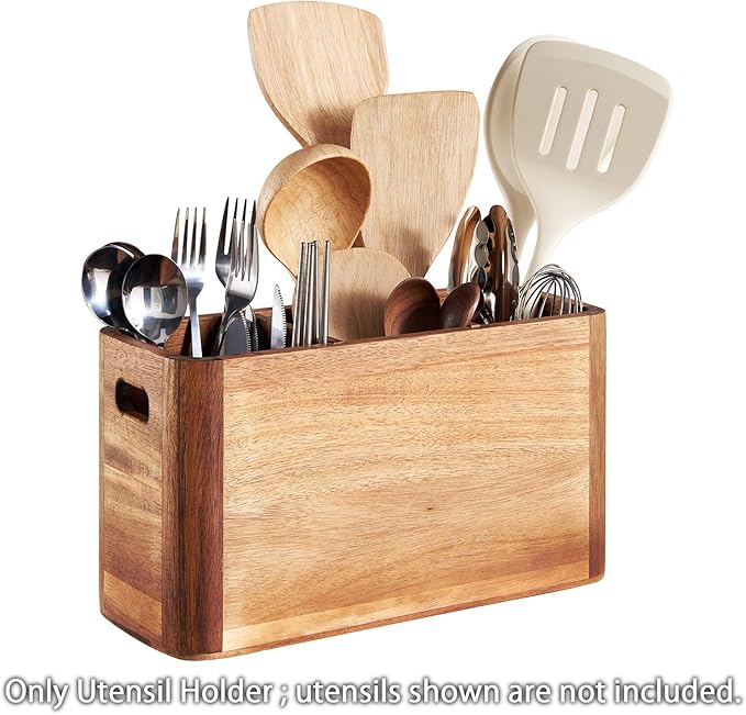SANOSY 12" Wooden Kitchen Utensil Holder, Extra Large Acacia Wood Organizer for Cooking Tools, Utensils & Cutlery Storage – 3-Compartment Countertop Holder
