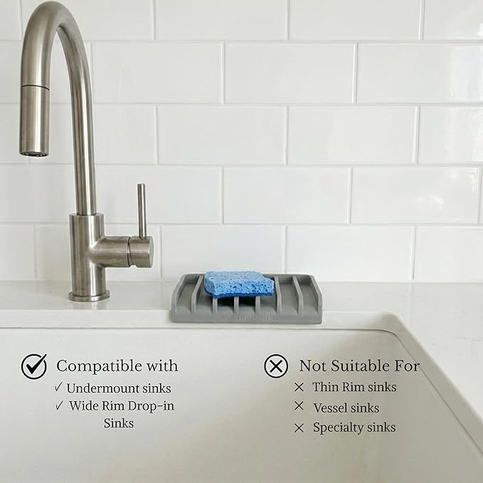 Effilogic Silicone Sponge Holder – Self-Draining Kitchen Sink Organizer, Quick Dry Mat and Counter Protector – Dishwashing Accessories for Sponges, Brushes, and Soap - Medium Grey