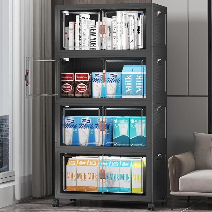 Extra Large Stackable Storage Bins with Lids & Wheels & Door, 208QT-52QT/13GAL*4Pack Foldable Collapsible Closet Organizers, Plastic containers drawers for bedroom Dorm