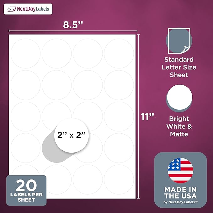 NextDayLabels 2 Inch Round Circle Stickers White Blank Labels for Laser Inkjet Printer - 20 Per Sheet Self-Adhesive Jar Candle Product Packaging Made in USA - 5,000 Labels