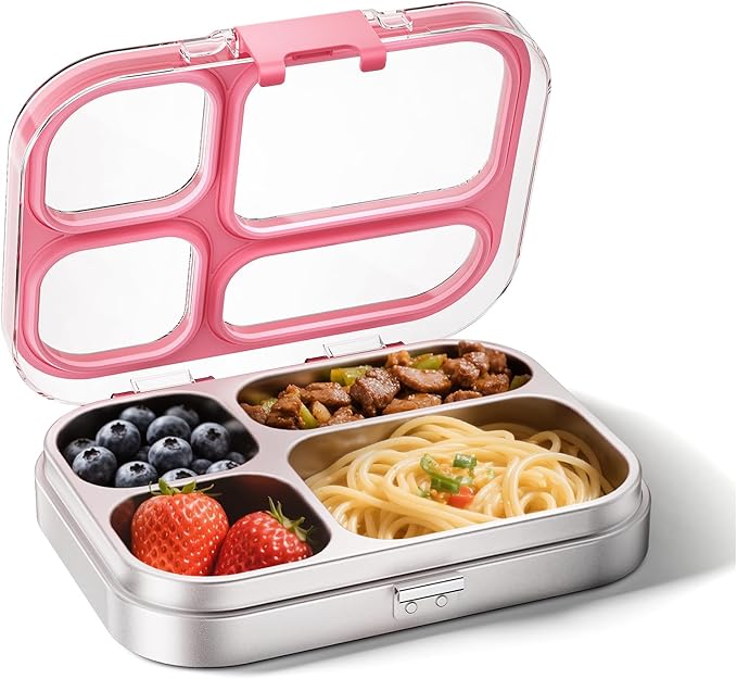 G.a HOMEFAVOR Stainless Steel Lunch Box - 4 Compartments Bento Box for Kids, Leakproof Metal Food Container for School, Office, Dishwasher Safe, Shatterproof, 27 oz, Pink