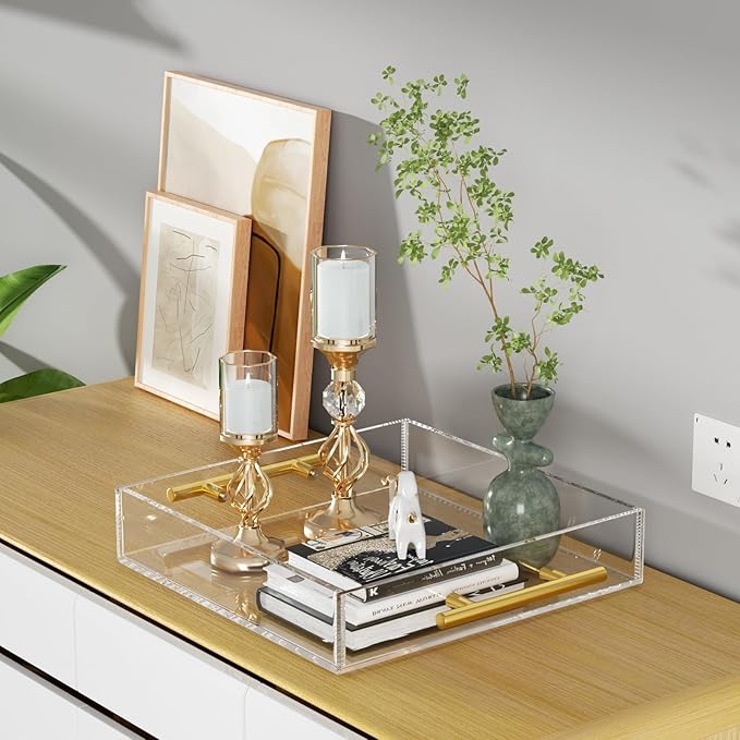 NIUBEE Clear Serving Tray 12x12 Inches -Spill Proof- Acrylic Decorative Tray Organiser for Ottoman Coffee Table Countertop with Round Handles
