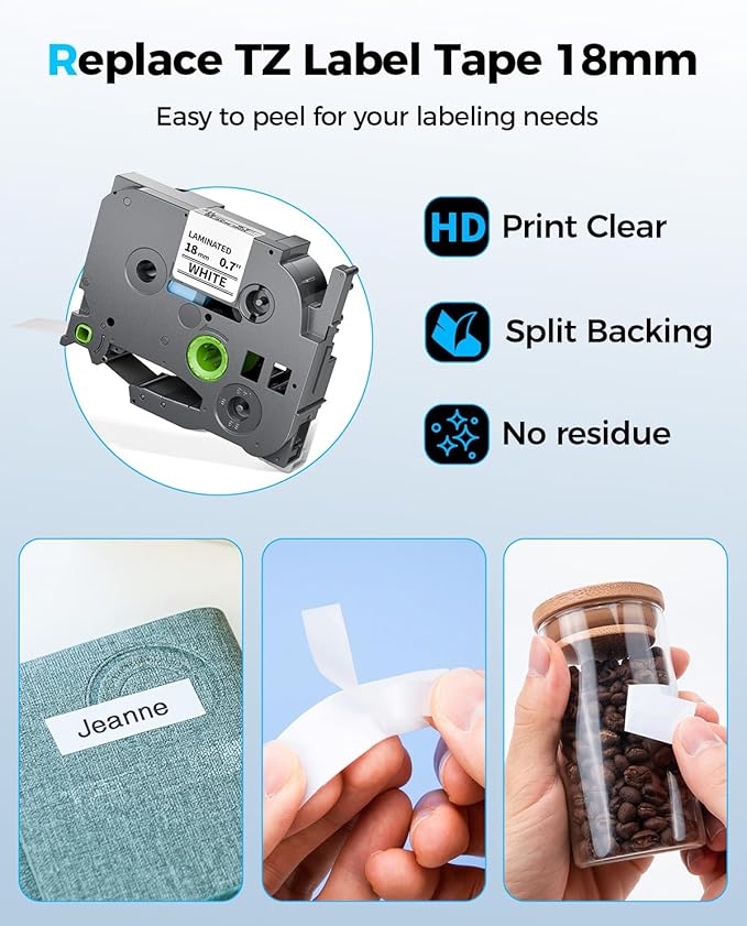 TZe-241 for PT-D400 D410 D460BT D610 D610BT Cube Plus Label Maker Compatible with Brother P Touch Label Tape 18 mm (3/4) Inch TZe241 Refills Tz Tape 18mm 0.7 Laminated White, 26.2 Feet (8m), 5-Pack