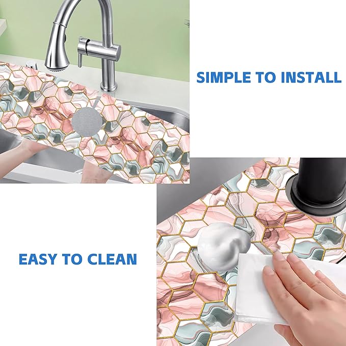 Abstract Gray and Red Hexagon Sink Faucet Absorbing Mat Sink Splash Guard Faucet Mat Draining Mat Fast Drying Sink Protectors for Kitchen and Bathroom 5.5"×24"