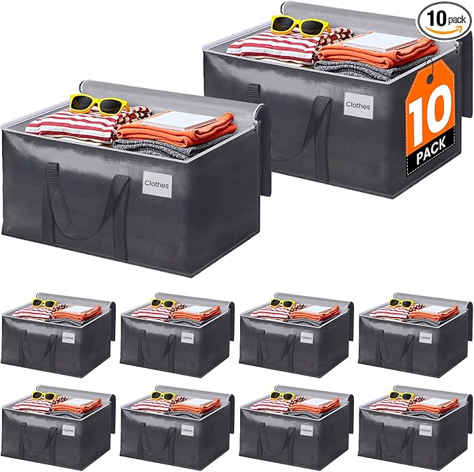 10 Pack Moving Bags Heavy Duty, Moving Boxes, Storage Bags with Zipper & Handles & Tag for College & Dorm Moving Supplies Grey Laundry Hamper Bag, Foldable Space-saving Totes (93L, Grey)