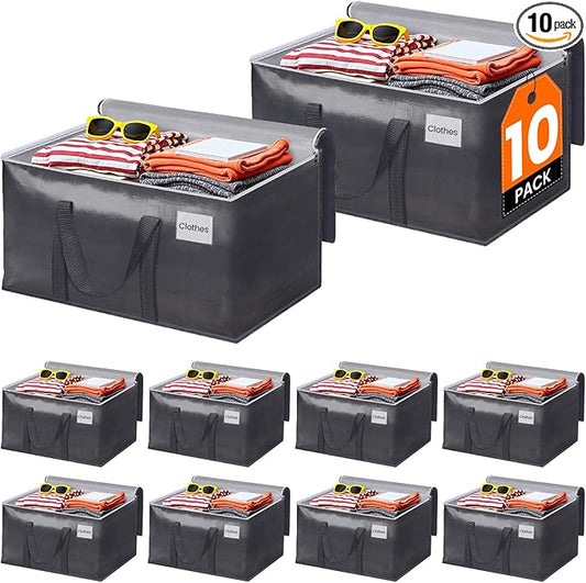 10 Pack Moving Bags Heavy Duty, Moving Boxes, Storage Bags with Zipper & Handles & Tag for College & Dorm Moving Supplies Grey Laundry Hamper Bag, Foldable Space-saving Totes (76L, Grey)
