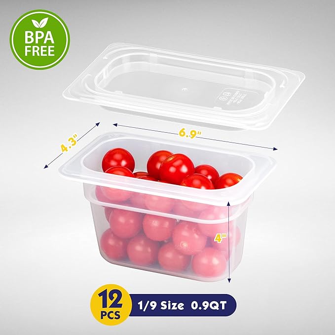BIEAMA 12 Pack 1/9 Size 4'' Deep Plastic Food Pans with Lids, Translucent, Commercial, BPA-free, Stackable Storage for Restaurants, Buffets