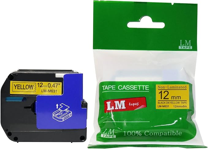 LM Tapes - Premium Compatible 1/2" (12mm) Black on Yellow M Series P-Touch Tape, Replaces MK631