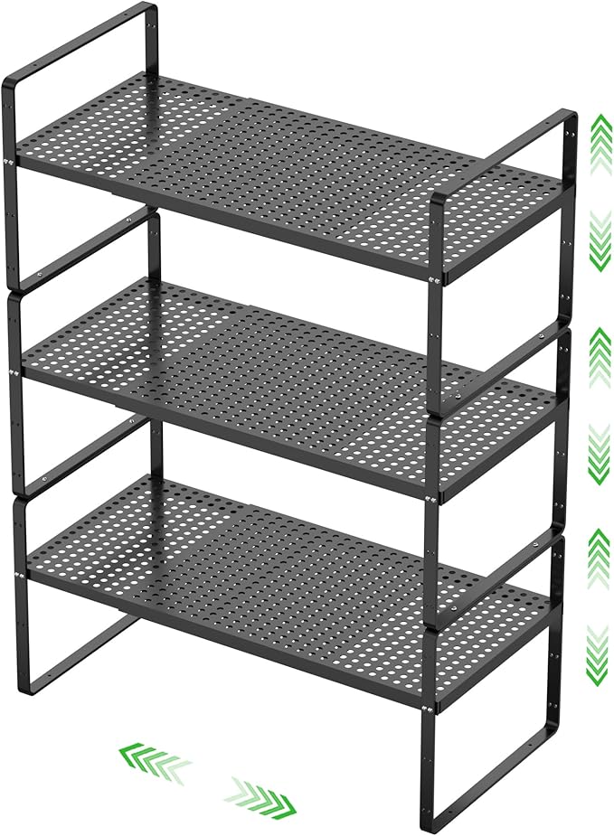 SOFRON Expandable Cabinet Storage Shelf Stackable Organizer Rack for Kitchen Bathroom Pantry Spice Cupboard Coffee Countertop Home Office Desk Heavy Duty Nonslip Black Large 3 Packs
