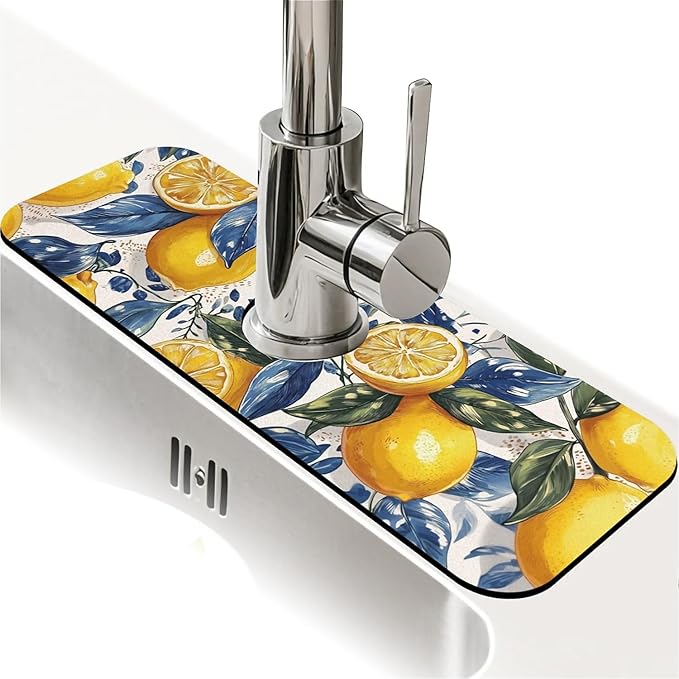 Kitchen Sink Splash Guard，Bright lemon Faucet Mat Sink Gadgets-Super Absorbent Fast Drying Mat Drip Catcher for Kitchen, Bathroom,Sink Mat, Dish Drying Mat, Bathroom(15" X 5.5" )