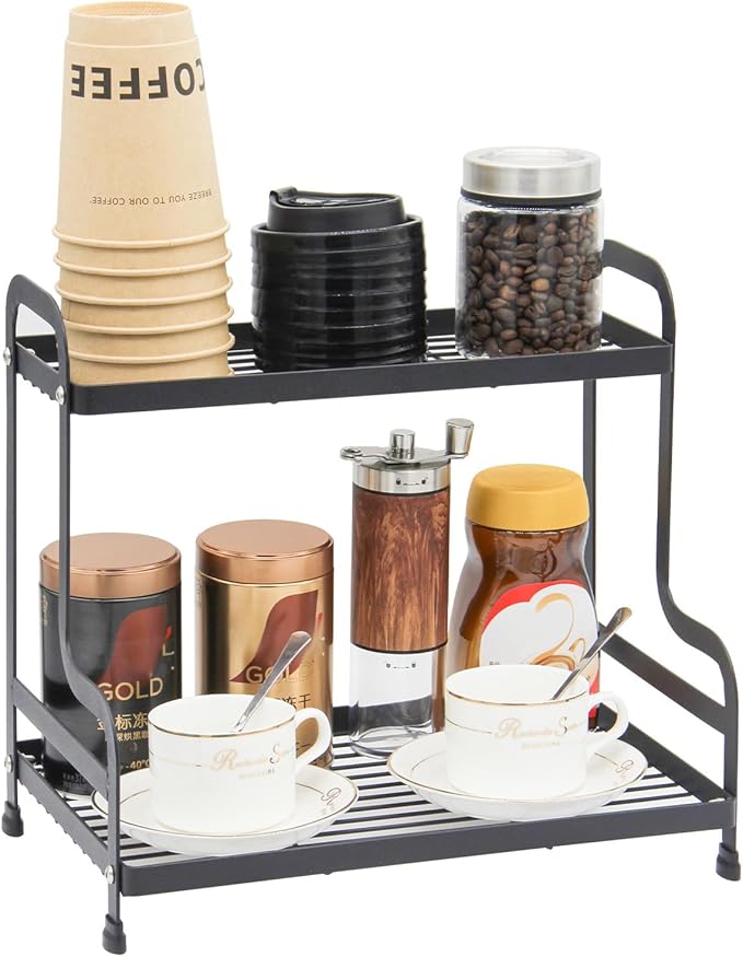 Jofuas 2-Tier Metal Countertop Organizer – Standing Shelf for Bathroom and Kitchen Storage Under Sink, Organizing Cosmetics and Spices-Black