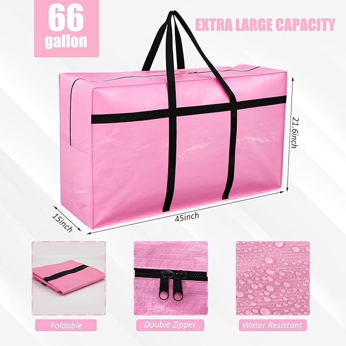 4 Pcs 66 Gallon Extra Large Moving Bags Heavy Duty Storage Bag with Strong Zipper Handle Foldable XXL Jumbo Storage Tote Packing Moving Box for College Dorm Travel Cloth Duffle (Pink)