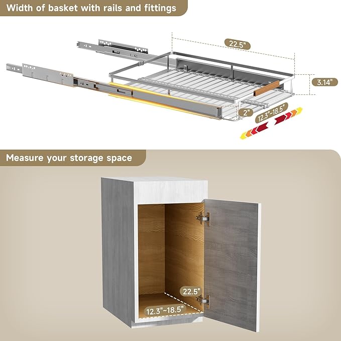 taiheis 1 Pack Expandable Pull Out Cabinet Organizer，Side Mounting 12.3~18.5"x22.5"Cabinet Pull Out Shelves, Expandable Slide Out Spice Rack for Kitchen Bathroom Office