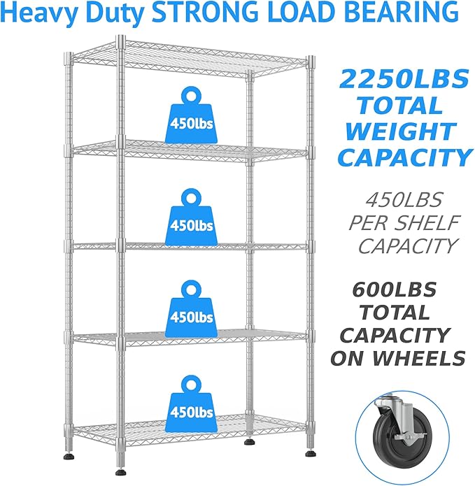 Homdox Heavy Duty Storage Shelves, 5 Tier Wire Shelving Unit with Wheels, Commercial Adjustable Metal Shelves for Storage, Garage Rack Pantry Shelves Kitchen Shelving, 18"x36"x82", Chrome
