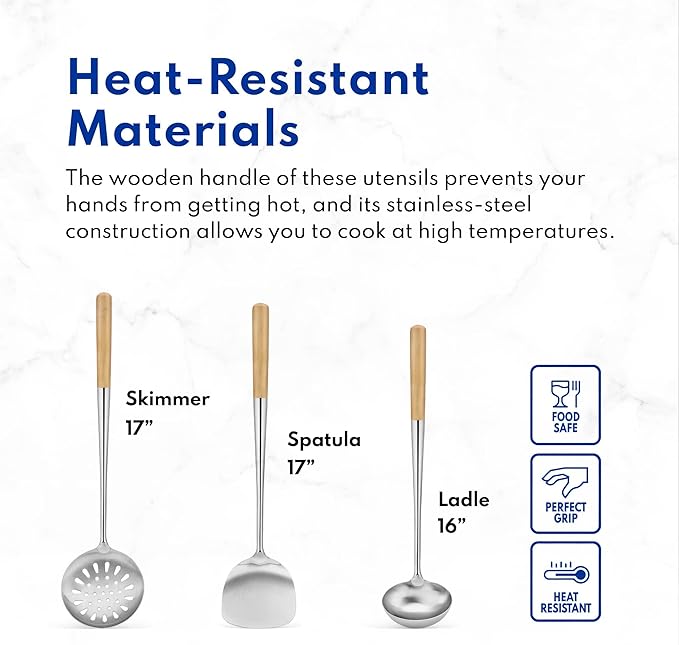 New Star Foodservice 1028737 Commercial-Grade Stainless Steel Specialty Chinese Wok Utensil Set, Spatula, Solid and Perforated Ladle, 16-Inch, 17-Inch, 17-Inch (Hand Wash Recommended)