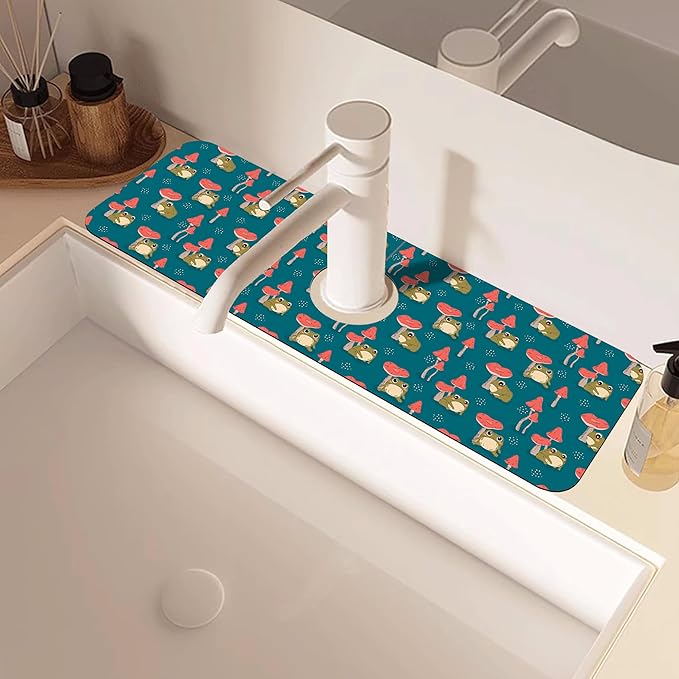 Cute Frog and Mushrooms Dish Drying Mat for Kitchen Sink Splash Guard Behind Faucet Sink Mat Absorbent Fast Drying Faucet Draining Mat for Bathroom Kitchen 5.5"×15"